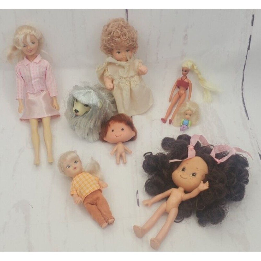 Vtg Set 7 Small Dolls Strawberry Shortcake, Lanard, Micro Fashion, 1 Cititoy Dog